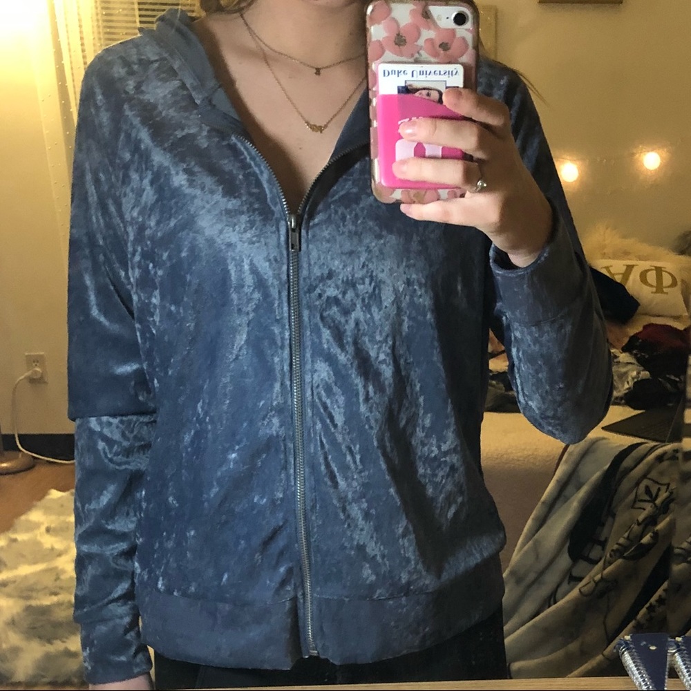 Velvet blue zip-up hooded jacket